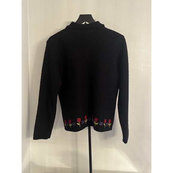 Karen Scott M Pure Wool Black Floral Embroidered Zip Jacket Sweater Australia - Picture 4 of 7